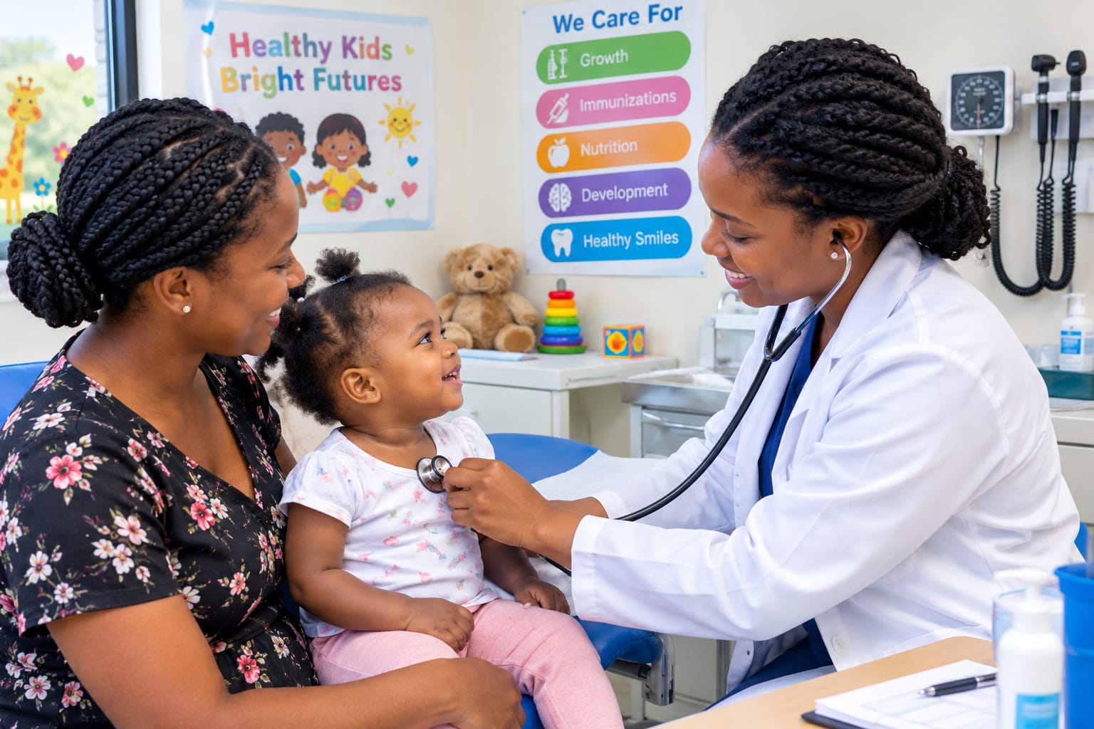 Doctor examining a young child with a parent present